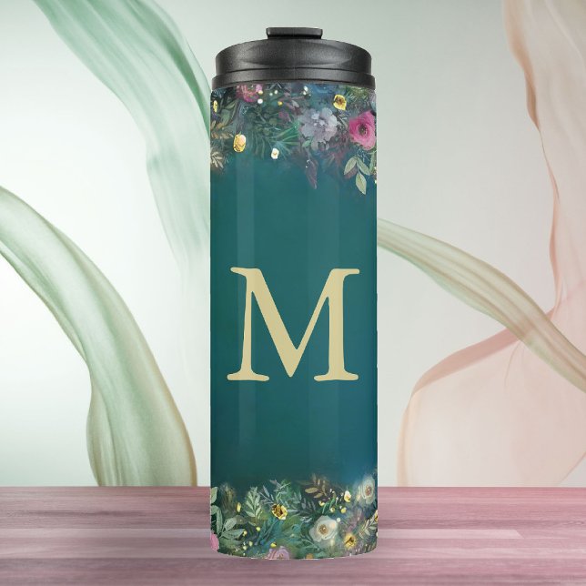Garrafa Térmica Rosa de Floresta Encantada Verde Fada Madeira Chic (enchanted forest water bottle monogram wild roses wildflower floral emerald gold woodland fairy )