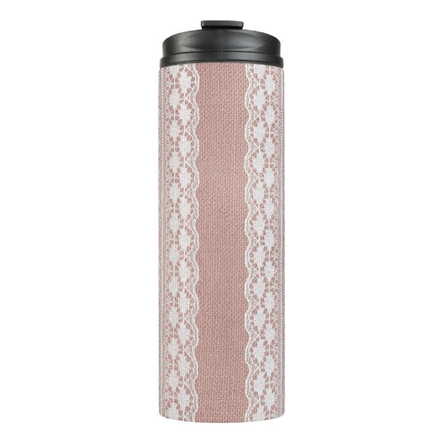 Garrafa Térmica Rosa de ouro metálico, textura de renda esbranquiç (Frente)