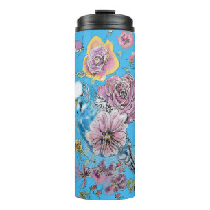 Garrafa Térmica Rosa de Watercolor Arte Florestal Blue Budgie