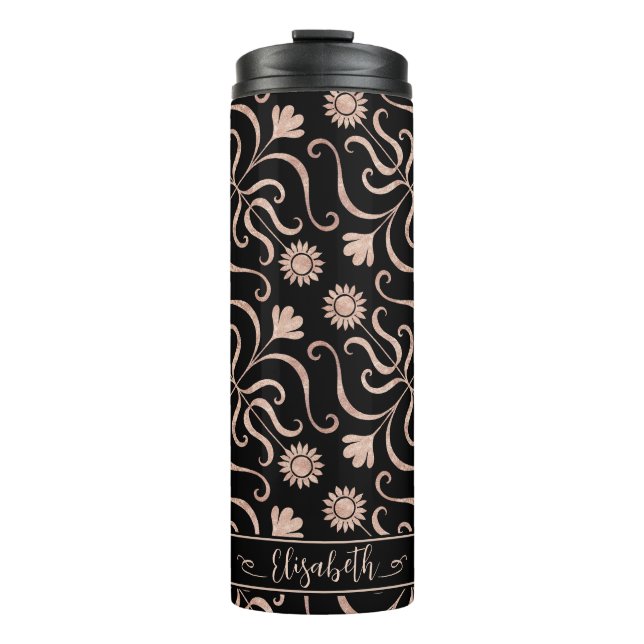 Garrafa Térmica Rosa Dourado e preto Damasco Floral Girassol Arte (Frente)