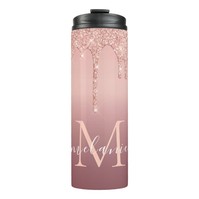 Garrafa Térmica Rosa Dourado Glitter Seu Nome Carta Tumbler Térmic (Frente)