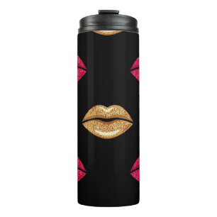 Garrafa Térmica Rosa Glamoroso Dourado: Padrão de Batom Brilhante