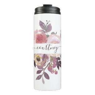 Garrafa Térmica Rosa pastel e floral personalizado roxo 