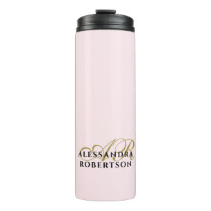 Garrafa Térmica Rosa Pastel Monograma Dourado Preto Minimalista El