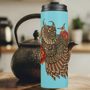 Garrafa Térmica Rosa vermelha Coruja Azul