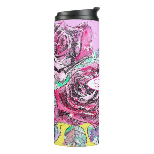 Garrafa Térmica Rosa vermelha Flor Aquarela Cor-de-Água Cor Rosa C