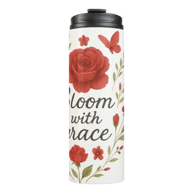 Garrafa Térmica Rosa vermelha Tumbler - 'Bloom Fiercely' Feminin (Frente)