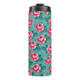 Garrafa Térmica Rosas Cor-de-Rosa Bonitas e Padrão de Bolinhas em