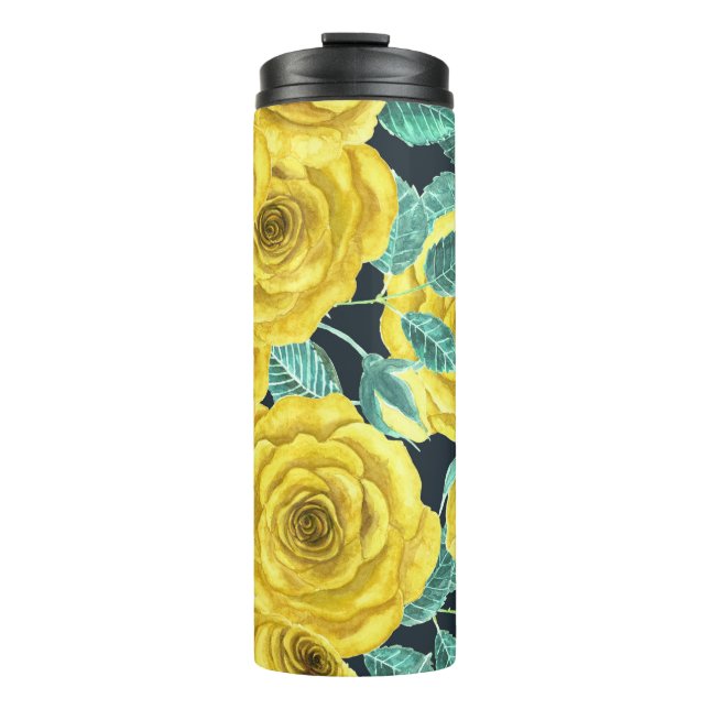 Garrafa Térmica Rosas de aquarela amarela com folhas e botões (Frente)