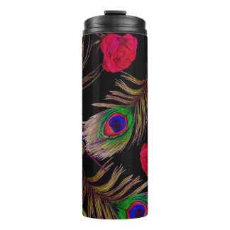 Garrafa Térmica Rosas de aquarelas, penas de pavão, decoração.