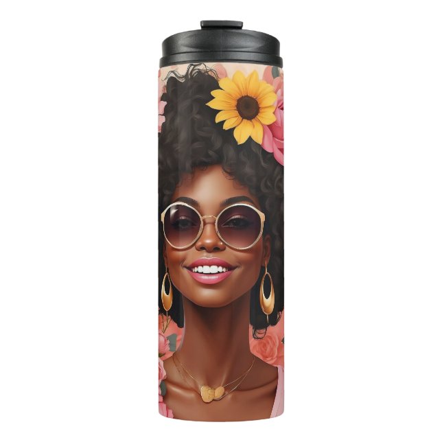 Garrafa Térmica Rosas de mulheres negras e girassóis (Frente)