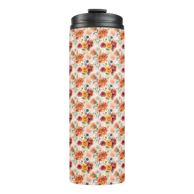 Garrafa Térmica Rosas de vindima de boho e penas, padrão floral (Frente)