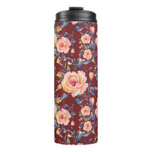 Garrafa Térmica Rosas, sem costura, padrão de fundo vermelho