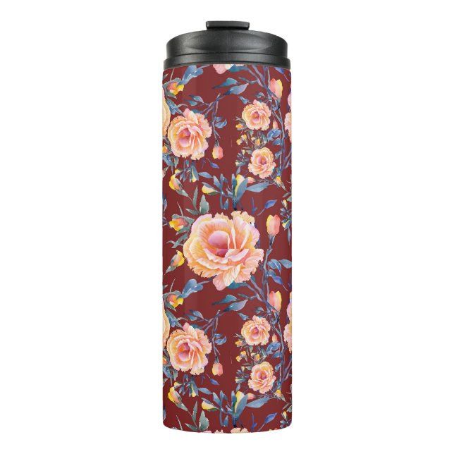 Garrafa Térmica Rosas, sem costura, padrão de fundo vermelho (Frente)
