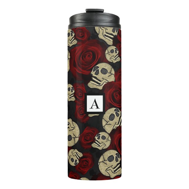 Garrafa Térmica Rosas Vermelhas & Caveiras Cinza Preto Floral Góti (Frente)
