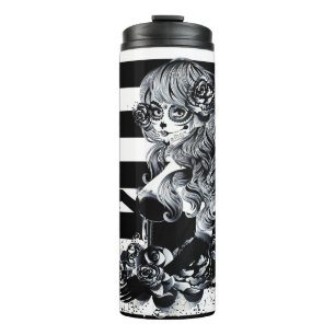 Garrafa Térmica Rosas Vermelhas & Caveiras Cinza Preto Floral Góti