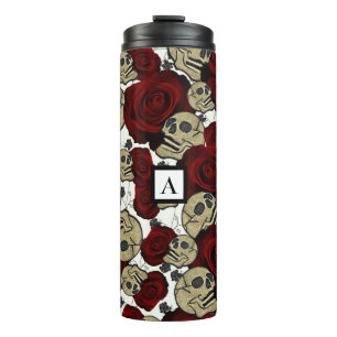 Garrafa Térmica Rosas Vermelhas & Caveiras Floral Preto Gótico Bra