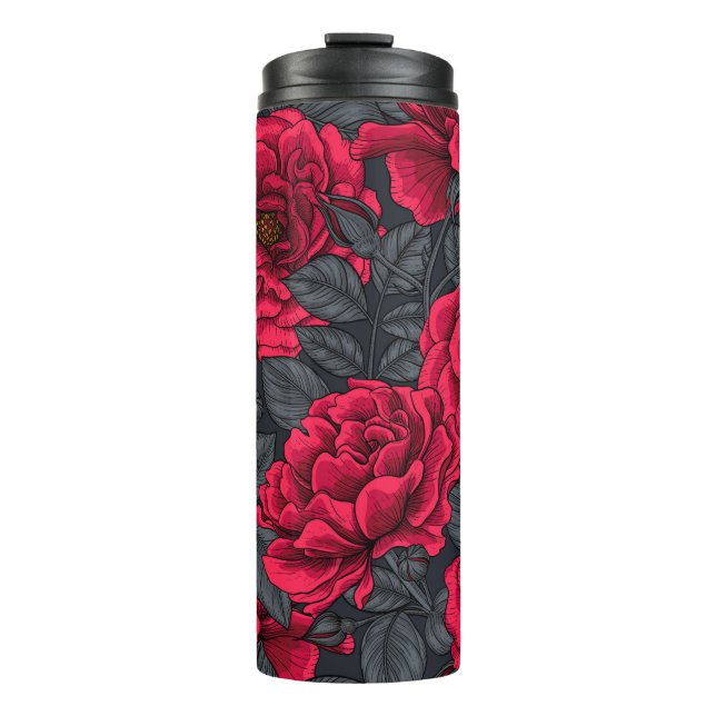 Garrafa Térmica Rosas vermelhas com folhas de cinza em preto (Frente)