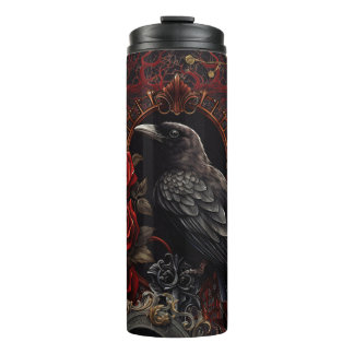 Garrafa Térmica Rosas vermelhas de beleza gótica negra Raven Bird