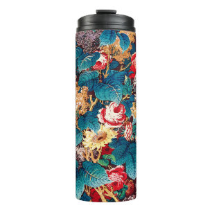 Garrafa Térmica Rosas vermelhas de vindima e padrão floral lilás