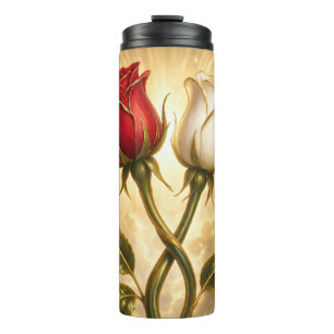 Garrafa Térmica Rosas vermelhas e brancas entrelaçadas.