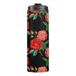 Garrafa Térmica Rosas Vermelhas, Fundo Preto,