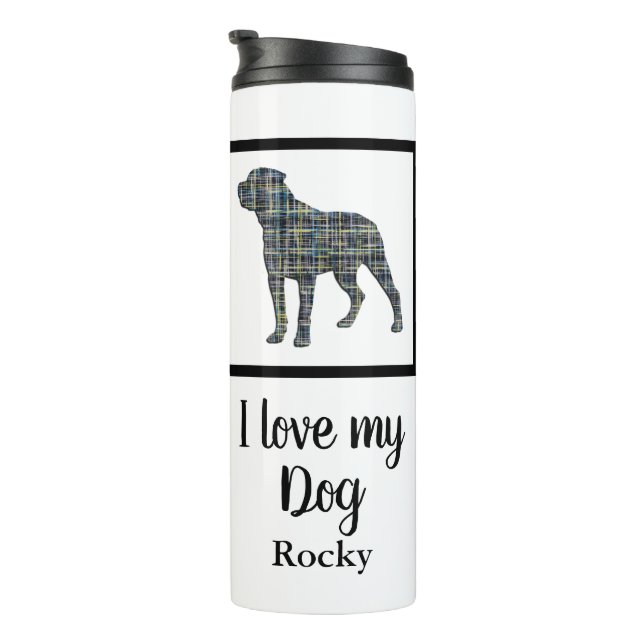 Garrafa Térmica Rottweiler Cachorro Amarelo e Azul Grade Silhouter (Rotação à direita)