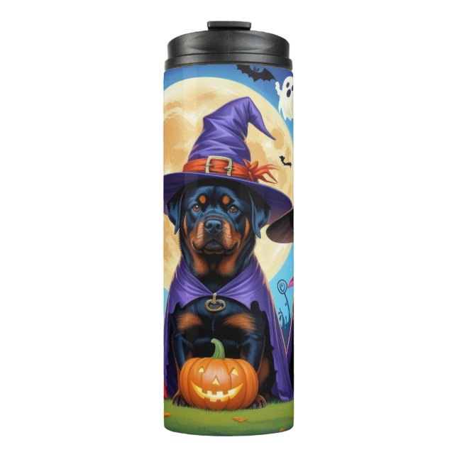Garrafa Térmica Rottweiler Cães Abóbora Halloween Engraçado (Frente)