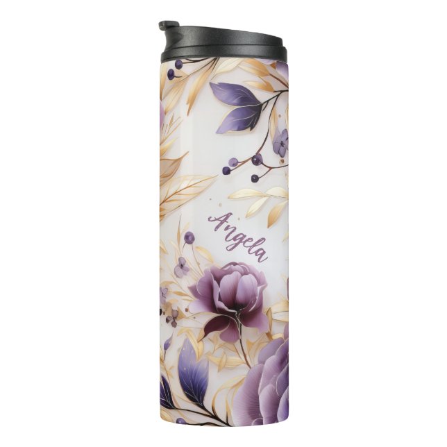 Garrafa Térmica Roxo Personalizado E Dourado Floral (Rotação à direita)