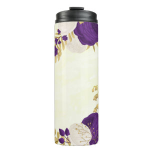 Garrafa Térmica roxo real flores brancas dourado botânico