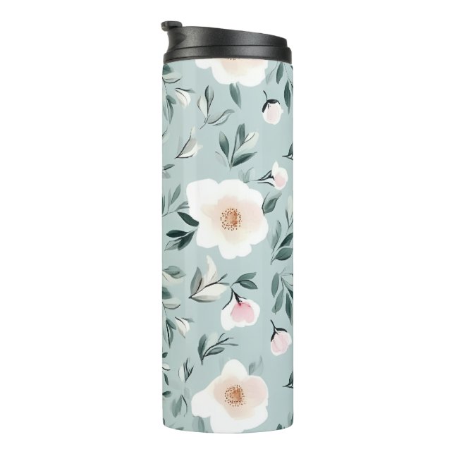 Garrafa Térmica Sage Verde peônias florais brancas (Rotação à direita)