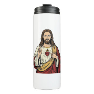 Garrafa Térmica Sagrado Coração Jesus Arte Vetorial de Gravura Vin
