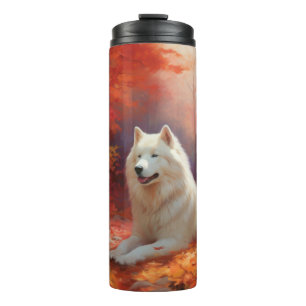 Garrafa Térmica Samoyed nas Folhas de Outono Caem Inspirar