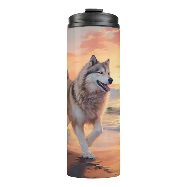 Garrafa Térmica Sandy Paws Alaskan Malamute Dog em Beach Sunset (Frente)