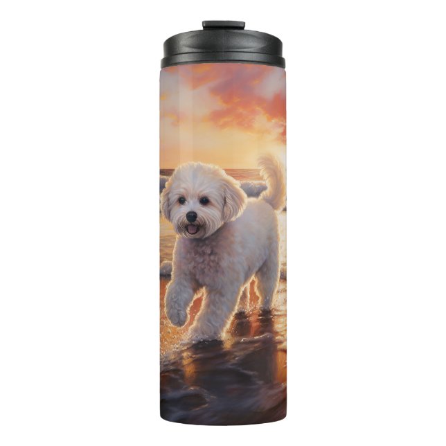 Garrafa Térmica Sandy Paws Bichon Frise Dog em Beach Sunset (Frente)