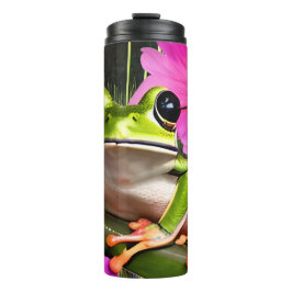 Garrafa Térmica Sapo Verde Cercado por Flores Rosa