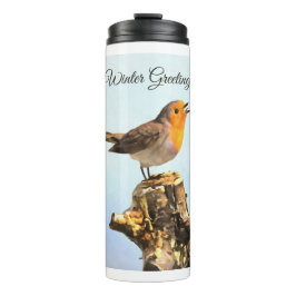 Garrafa Térmica Saudações de Inverno. Robin cantando 
