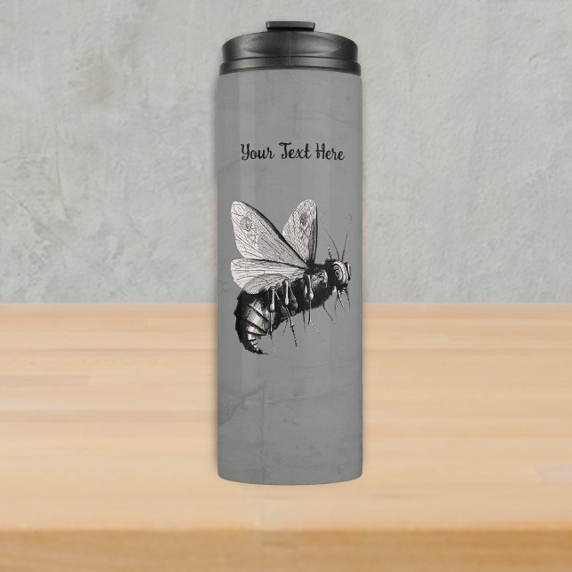 Garrafa Térmica Scary Black White Bee Big Eyes Skulls Wings Grey (Scary bee big eyes skull crossbones on wings on grey thermal drink bottle.)