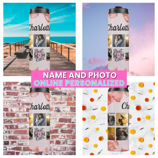Garrafa Térmica Script Floral Rosa Melhor Colagem Fotográfica Mãe  (Script Floral Pink Best Mom Ever Mom Photo Collage Thermal Tumbler
)