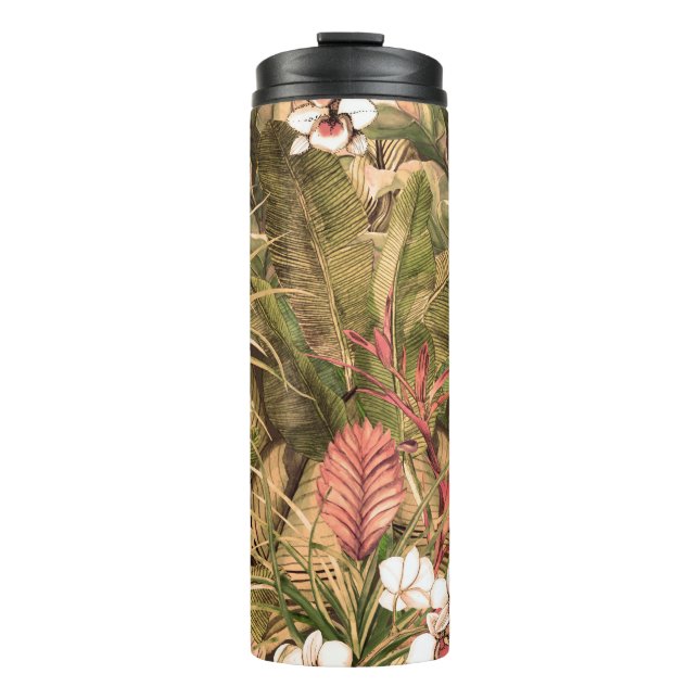 Garrafa Térmica Seamless pattern with tropical leaves and flowers. (Frente)