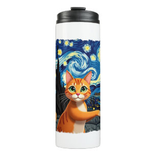Garrafa Térmica Selfie de Gato Laranja Noite Estrelada Mãe de Gat