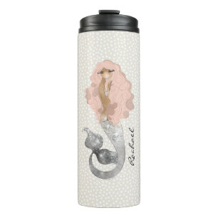 Garrafa Térmica Sereia com cabelo rosa e seu nome