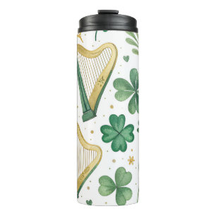 GARRAFA TÉRMICA SHAMROCKS E HARPS IRLANDESES VERDES E DOURADOS