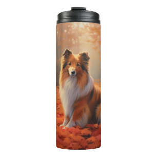 Garrafa Térmica Shetland Sheepdog nas Folhas de Outono Caídas Insp