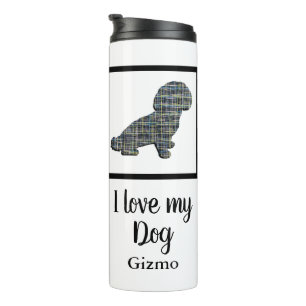 Garrafa Térmica Shih-Poo Cachorro Amarelo e Azul Grelha Silhueta