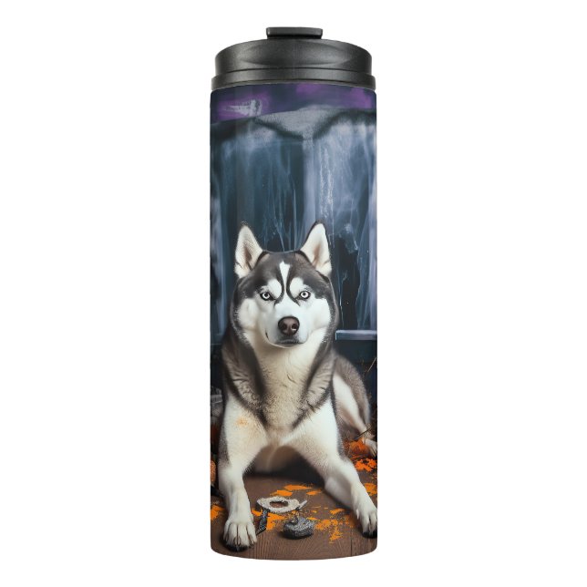 Garrafa Térmica Siberian Husky Pumpkins Halloween Scary (Frente)