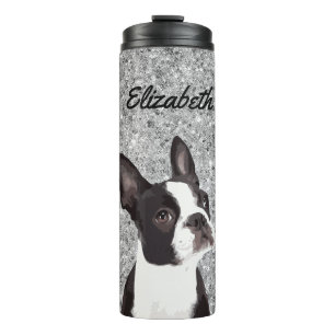 Garrafa Térmica Silver Sparkle Boston Terrier Dog Nome Animal