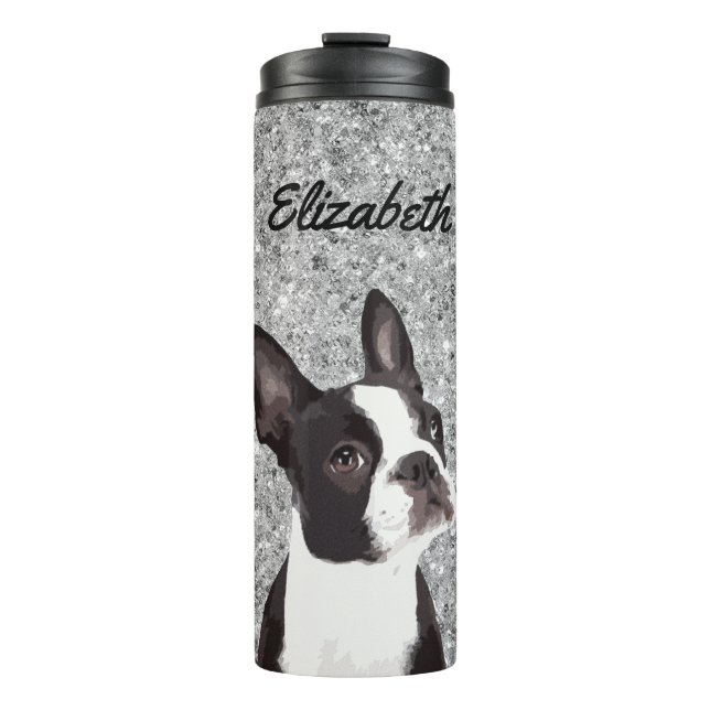 Garrafa Térmica Silver Sparkle Boston Terrier Dog Nome Animal (Frente)