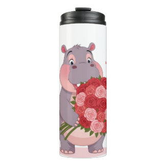 Garrafa Térmica Smiling cartoon hippo holding a huge bouquet