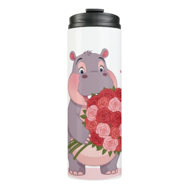 Garrafa Térmica Smiling cartoon hippo holding a huge bouquet (Frente)